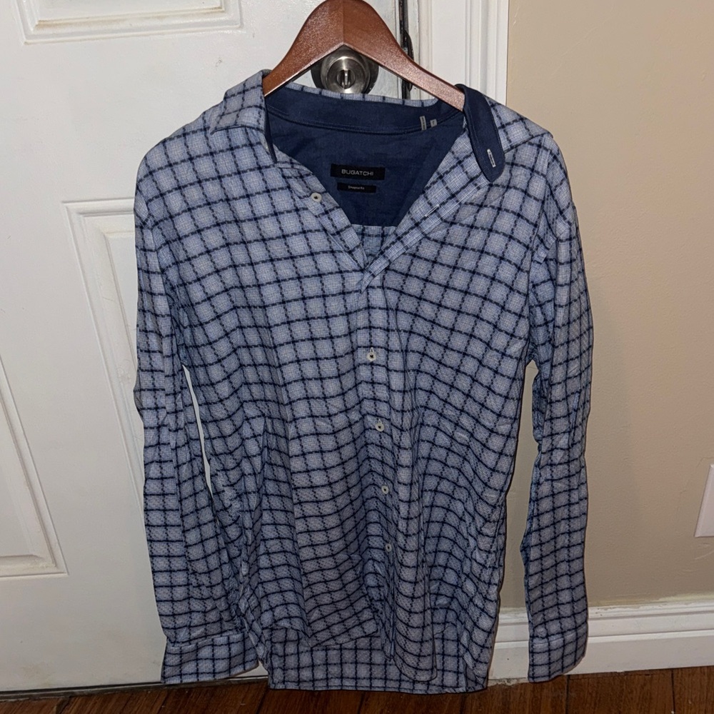 Bugatchi Blue and White Checkered Dress Shirt